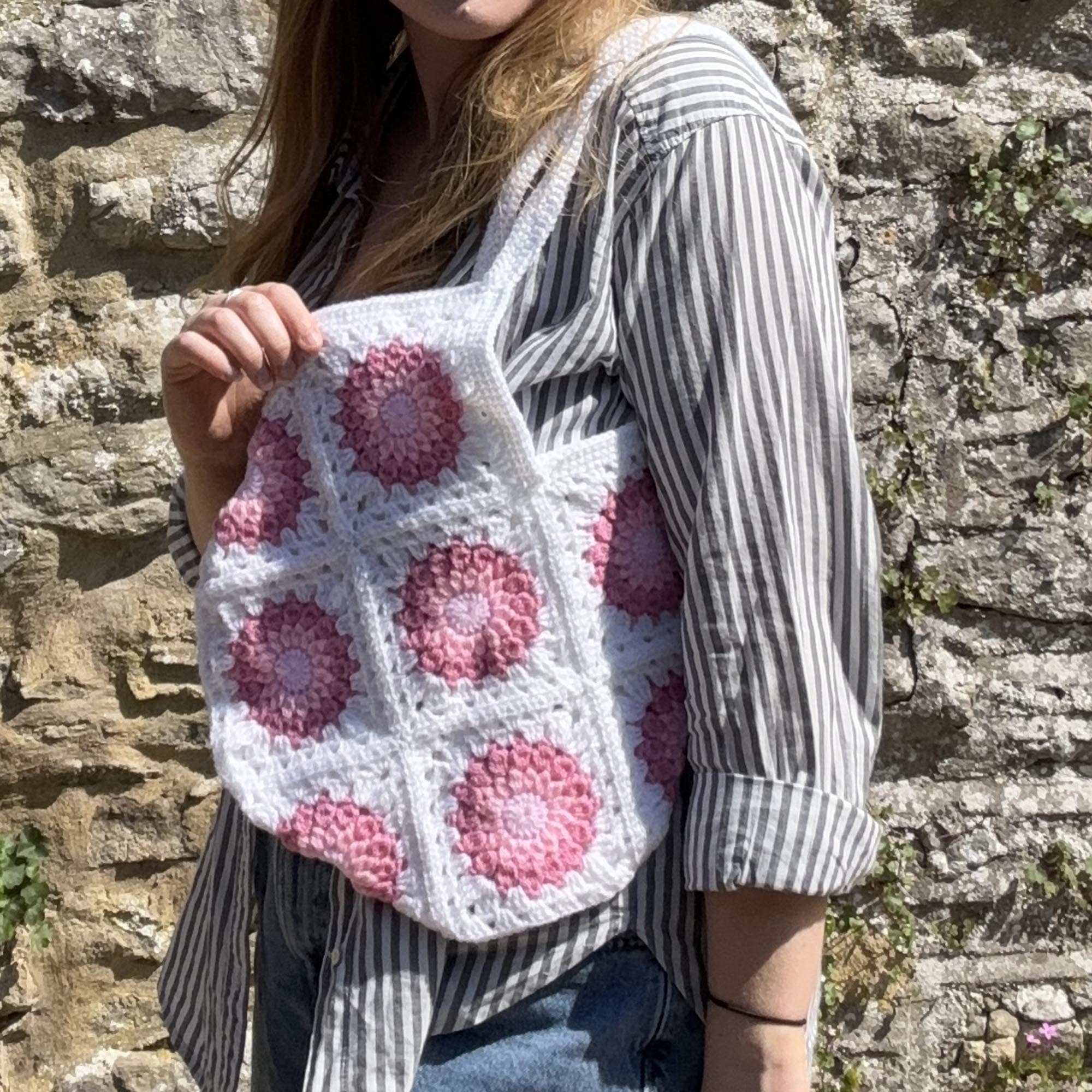 Pink Sunburst Granny Square Tote Bag